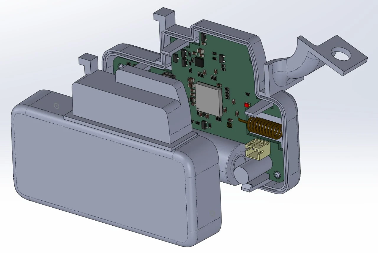 Opened CAD assembly revealing the Gas Meter Counter PCB and enclosure arrangement