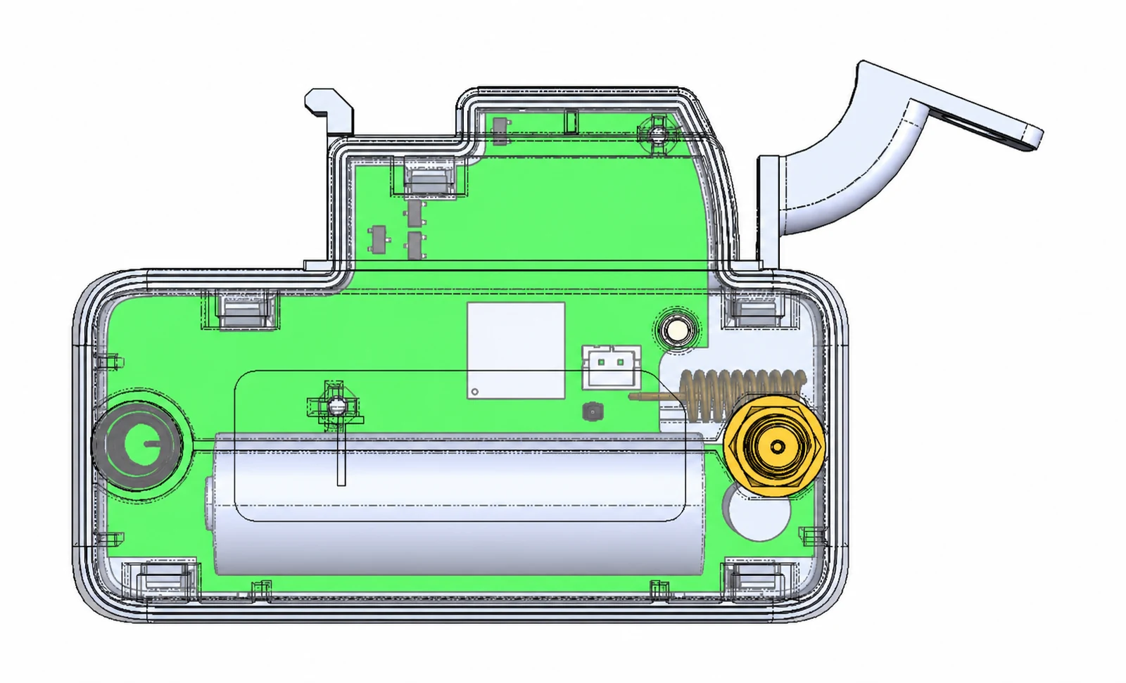 Top CAD view of the Gas Meter Counter electronics and internal component arrangement